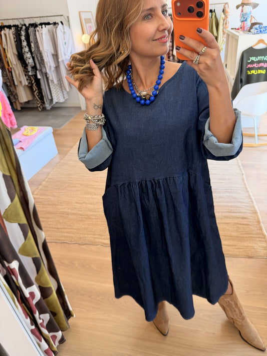 Vestido Dark Jeans Leve da Paprika, vestido midi em ganga