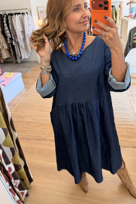 Vestido Dark Jeans Leve da Paprika, vestido midi em ganga