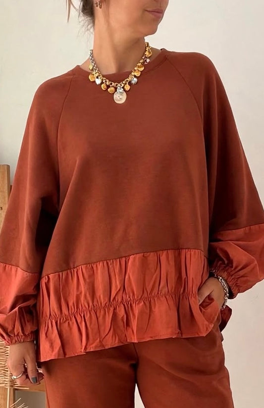 Conjunto de camisola e calças em felpa bordeaux
