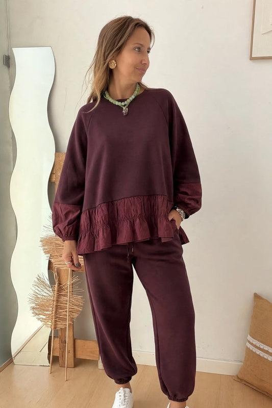 Conjunto de camisola e calças em felpa bordeaux