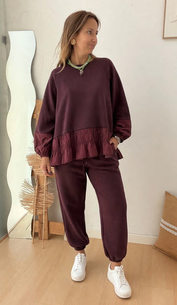 Conjunto de camisola e calças em felpa bordeaux