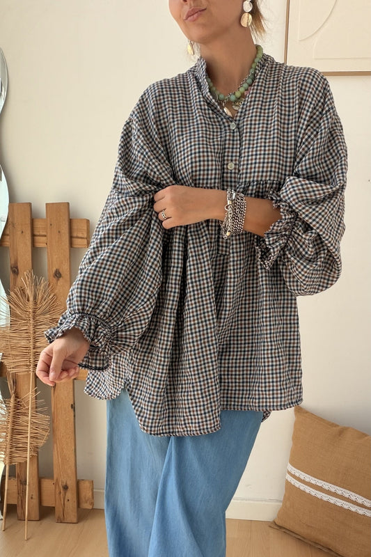 Blusa em algodão com padrão vichy azul e branco