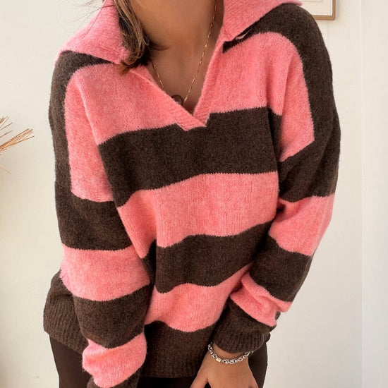 Pullover Riscas – Rosa Bubblegum + Castanho Chocolate