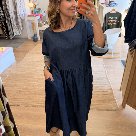 Vestido Dark Jeans Leve da Paprika, decote redondo