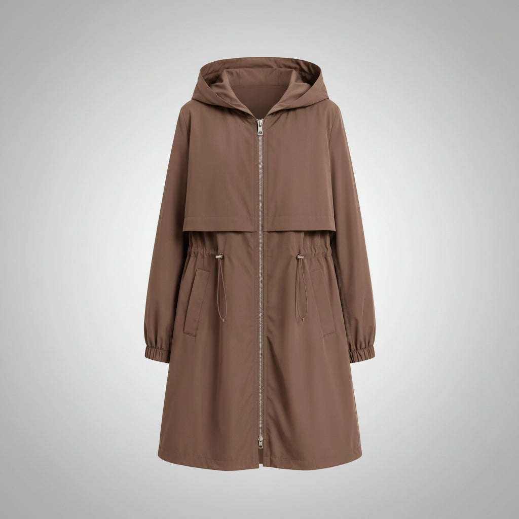 Parka impermeável com capuz e capa sobreposta no peito
