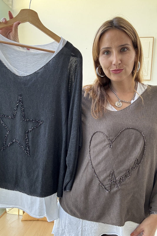 Conjunto de camisola com detalhe bordado e top interior